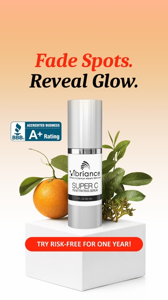 A clean, high-contrast ad featuring a penetrating serum bottle, a fresh orange, and green leaves to signify natural efficacy and skin-brightening results.